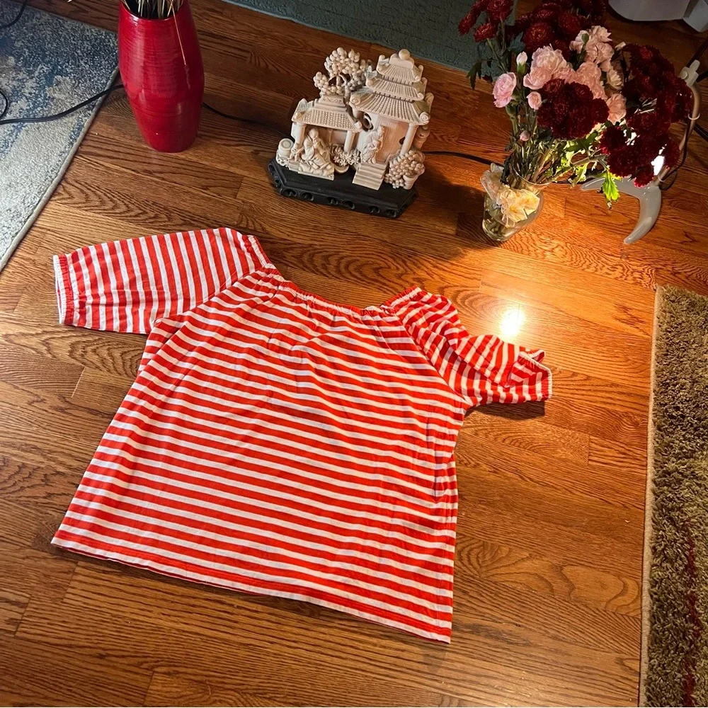 J. Crew Red & White Striped Off the Shoulder Top w/ Tie Front Sz Medium - Picture 4 of 10